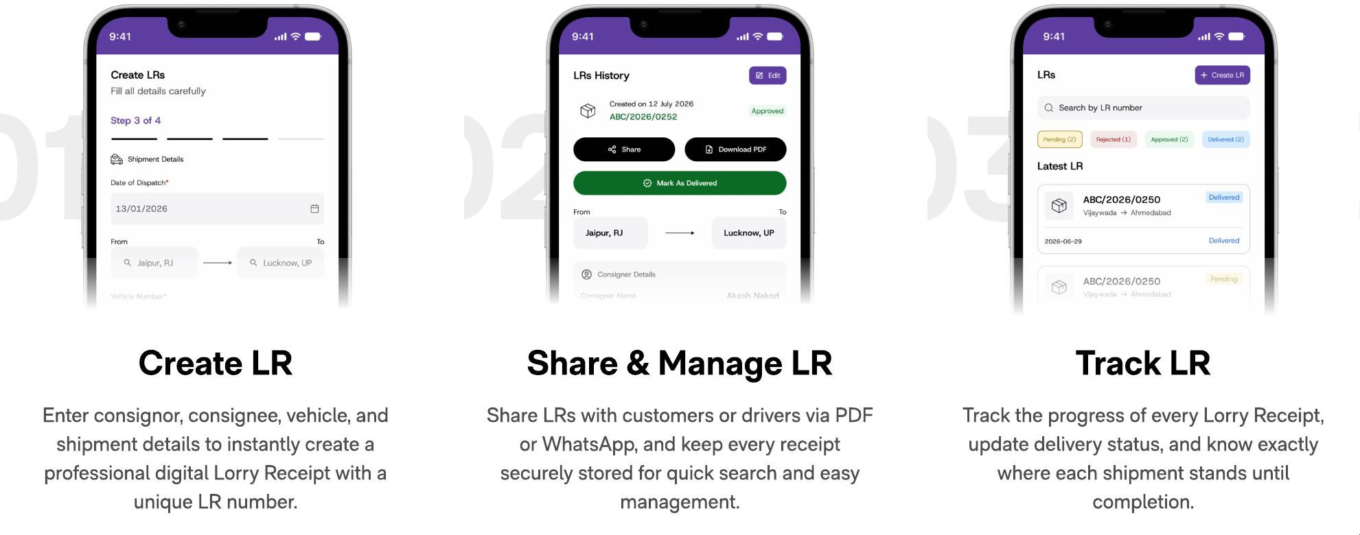 Create LR, Share and Manage LR, and Track LR
